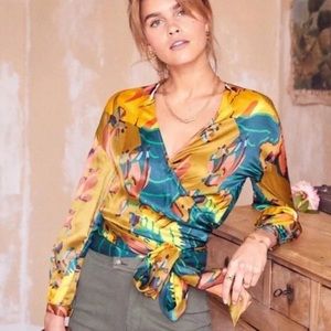 Sezane Anya Silk-Blend Wrap Blouse “Amazon” Print